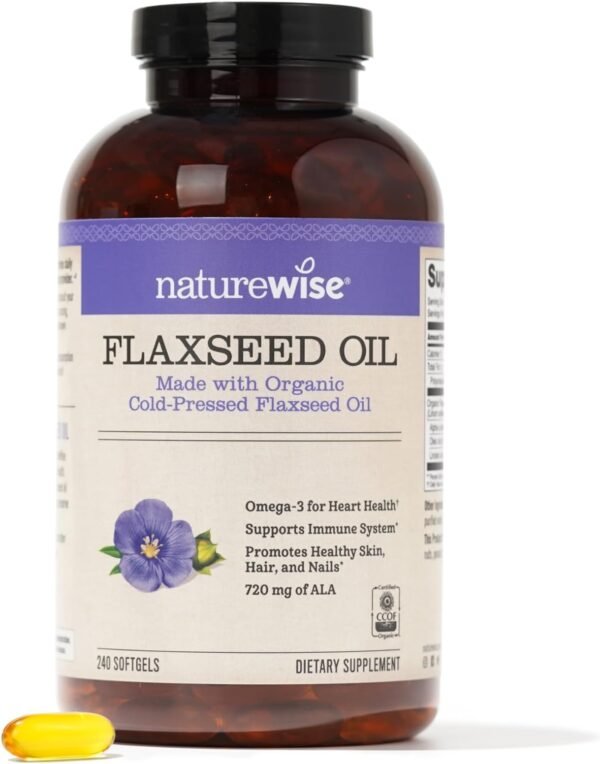 NatureWise Flaxseed Oil 1200 mg, Fish Free Omega 3 6 9 with 720mg ALA - CCOF Certified Organic Flaxseed Oil - Plant Based Omega - Cold Pressed, Non-GMO - 30 Softgels[1-Month Supply]